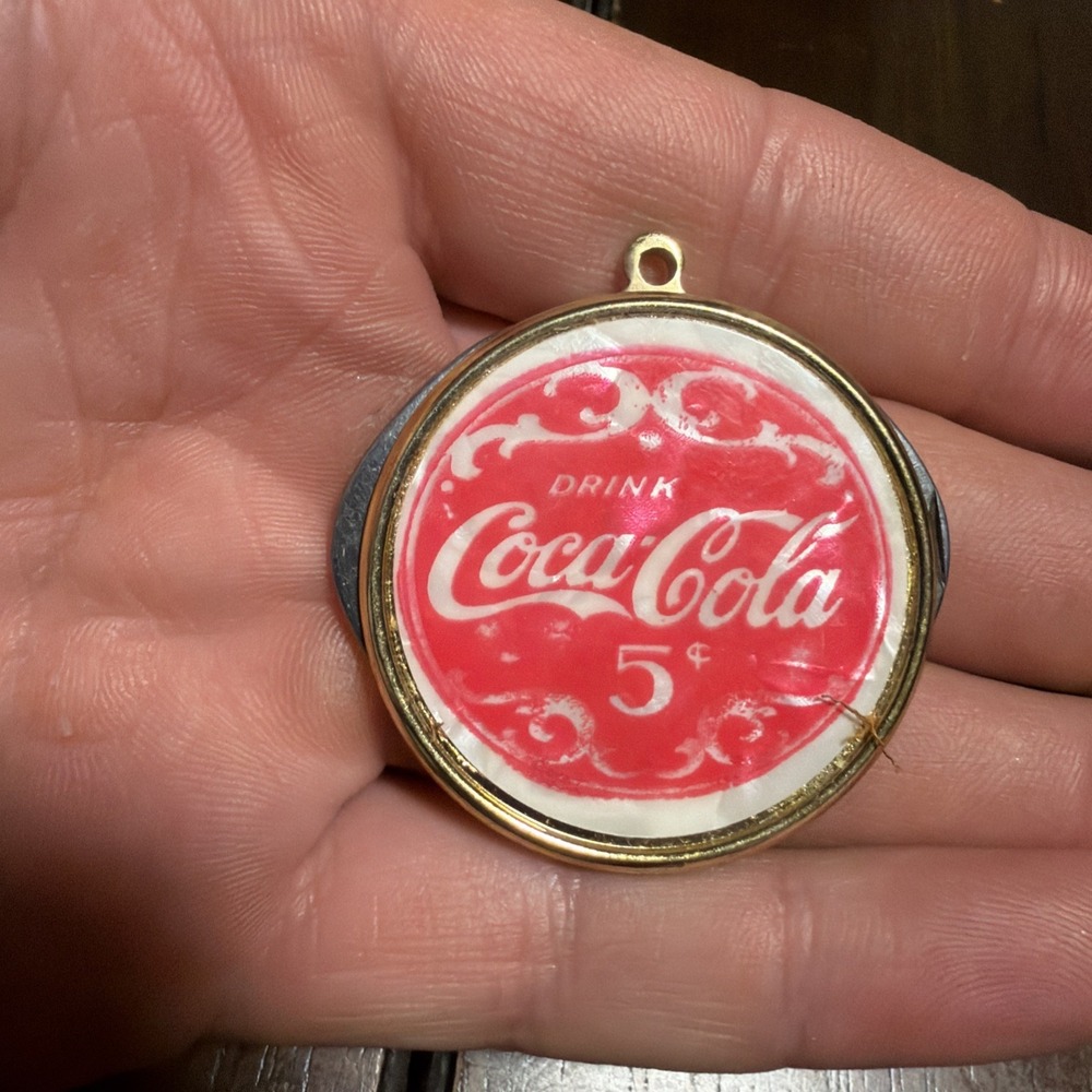Coca Cola Round Pendant Knife Cigar Cutter Vintage 2 Blades Red, Mother of Pearl